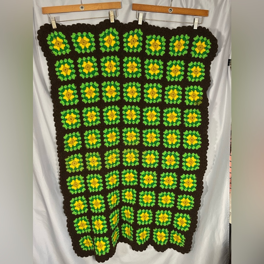 Vtg Handmade Granny Square Crochet Wool Blanket Afghan Brown Green Yellow 32x49